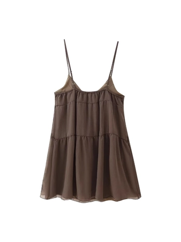 Robe Mini Sexy Dos Nu à Bretelles Brodée de Paillettes Été Café Perles Chiffon à Étages Style Bohème