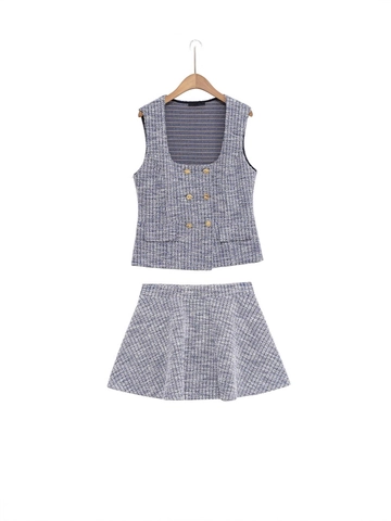 Dames Elegant Tweed Tweedelig Set Double Breasted Vest En Hoge Taille A-Lijn Minirok Elegante Outfits