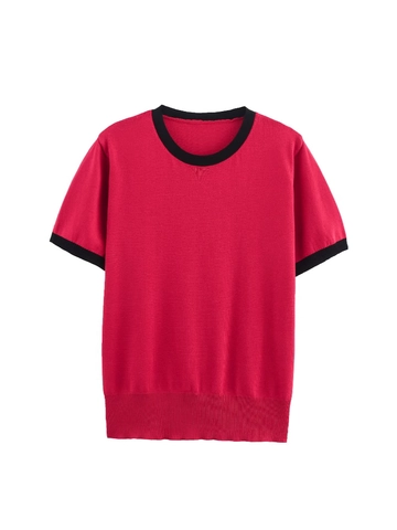 T-Shirt in Maglia da Donna Manica Corta Girocollo Bordo a Contrasto Vestibilità Aderente Pullover Top in Maglia Street Style Casual Maglieria Estiva