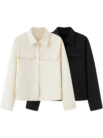 Veste de Travail Rétro à Revers pour Femme Simple Boutonnage Couleur Unie Coupe Ample Automne Hiver Street Style
