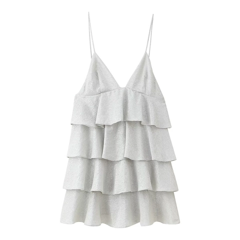 Abito Mini Donna Metallizzato Lucido con Volant a Strati Scollo a V Spalline Regolabili Grigio Argento Schiena Scoperta Festa