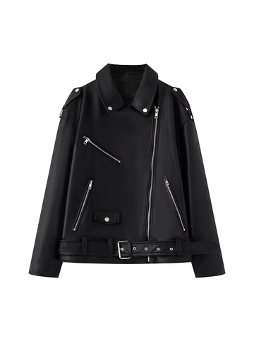 Damen Casual Kunstleder Biker Jacke Streetwear Lockere Passform Revers Reißverschluss Moto Mantel Mit Gürtel Schwarz Mode Oberbekleidung