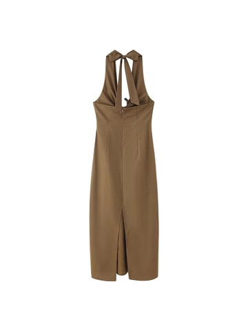 Vestido Maxi con Cuello Halter para Mujer Sexy Sin Mangas Espalda Descubierta Color Sólido Fruncido Elegante Vestido Largo