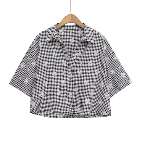 Mujer Camisa Y Pantalón Cuadros Bordado Floral Manga Corta Con Botones Dobladillo Festoneado Casual