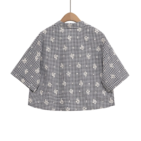 Mujer Camisa Y Pantalón Cuadros Bordado Floral Manga Corta Con Botones Dobladillo Festoneado Casual