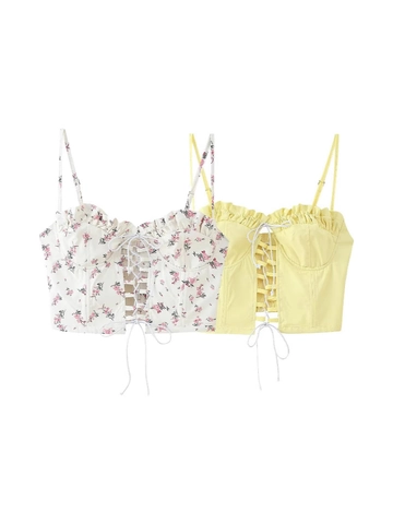 Damen Sexy Rückenfreies Schnürkorsett Top Floral Spaghetti Träger Rüschen Slim Fit Camisole Ärmelloses Sommer Crop Top
