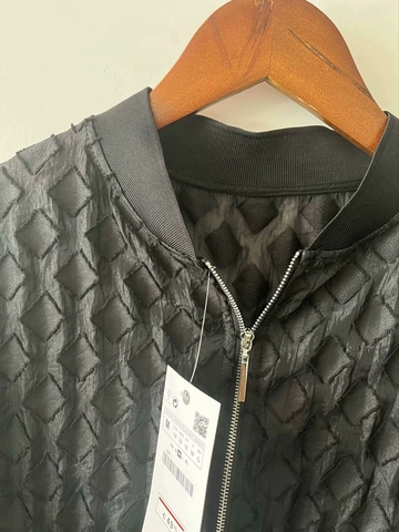 Blouson Bomber Noir Décontracté pour Femmes Avec Texture de Losanges 3D Col Montant Fermeture Éclair Manches Longues