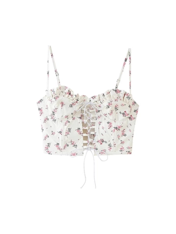 Damen Sexy Rückenfreies Schnürkorsett Top Floral Spaghetti Träger Rüschen Slim Fit Camisole Ärmelloses Sommer Crop Top