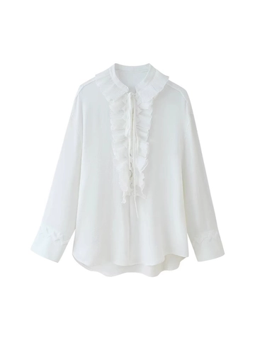 Women Elegant Polyester Chiffon Blouse Layered Ruffle Tie Neck Long Sleeve Shirt Casual Solid Color Streetwear Summer Tops