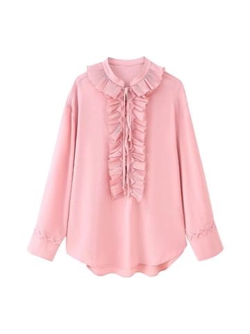 Women Elegant Polyester Chiffon Blouse Layered Ruffle Tie Neck Long Sleeve Shirt Casual Solid Color Streetwear Summer Tops