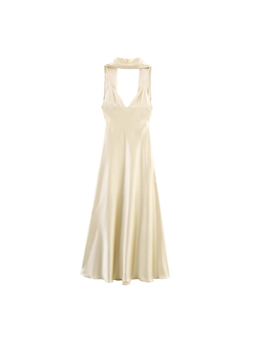 Damen Sexy Neckholder Rückenfrei Satin Maxi Kleid Elegant Tiefer V-Ausschnitt Slim Ärmellos Seidentextur Party Abend Langes Kleid