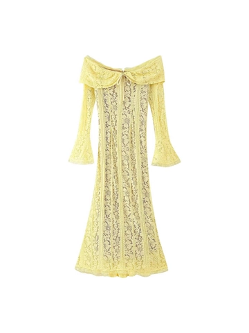 Γυναικείο Μάξι Φόρεμα με Δαντέλα Off-Shoulder Μανίκι Καμπάνα Φιόγκος Εξώπλατο Φλοράλ Κομψό Φόρεμα Πάρτι Διακοπές Ανοιχτό Κίτρινο