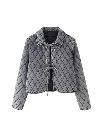 Damen Gesteppte Jeansjacke Gewaschenes Grau Rautenmuster Schnürung Kurzer Wattierter Mantel Vintage Revers Streetwear Oberbekleidung