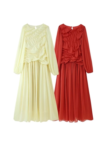 Dames Elegante Geplooide Maxi Jurk Lampionmouw Lange Mouw Ronde Hals Chiffon Textuur Geplooid Vloeiende Avondjurk