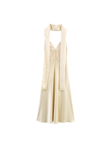 Damen Sexy Neckholder Rückenfrei Satin Maxi Kleid Elegant Tiefer V-Ausschnitt Slim Ärmellos Seidentextur Party Abend Langes Kleid