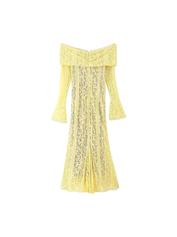 Γυναικείο Μάξι Φόρεμα με Δαντέλα Off-Shoulder Μανίκι Καμπάνα Φιόγκος Εξώπλατο Φλοράλ Κομψό Φόρεμα Πάρτι Διακοπές Ανοιχτό Κίτρινο