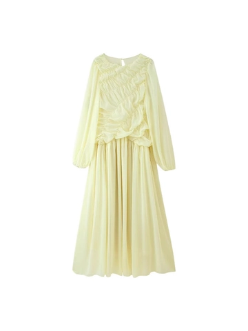 Dames Elegante Geplooide Maxi Jurk Lampionmouw Lange Mouw Ronde Hals Chiffon Textuur Geplooid Vloeiende Avondjurk
