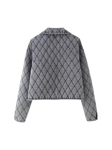 Damen Gesteppte Jeansjacke Gewaschenes Grau Rautenmuster Schnürung Kurzer Wattierter Mantel Vintage Revers Streetwear Oberbekleidung