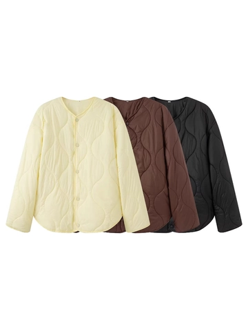 Veste Matelassée Légère pour Femme Col Rond Surpiqûres Ondulées Manteau Doublé Boutonnage Simple Vêtements Casual