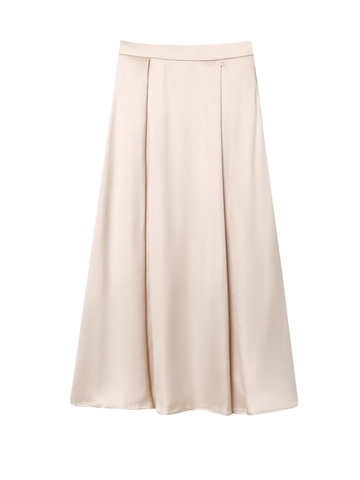 Women Elegant High Waist Satin Midi Skirt Champagne Solid Color Flowy A-Line Pleated Casual Party Skirt For Ladies Fashion