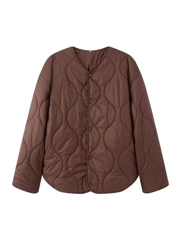 Veste Matelassée Légère pour Femme Col Rond Surpiqûres Ondulées Manteau Doublé Boutonnage Simple Vêtements Casual