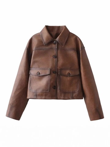 Damen Vintage Braun PU Leder Biker Jacke Distressed Kurz Crop Mantel Revers Einreihig Langarm Streetwear Oberbekleidung