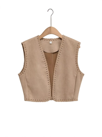 Damen Vintage Wildleder Weste Zierstich Kanten V-Ausschnitt Kurz Geschnitten Ärmellos Weste Khaki Mode Western Oberbekleidung