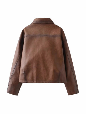 Damen Vintage Braun PU Leder Biker Jacke Distressed Kurz Crop Mantel Revers Einreihig Langarm Streetwear Oberbekleidung