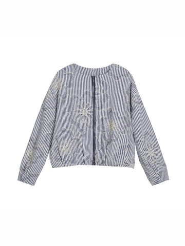 Women Striped Floral Embroidered Bomber Jacket Casual Round Neck Long Sleeve Zip Up Autumn Streetwear Chic Short Outerwear