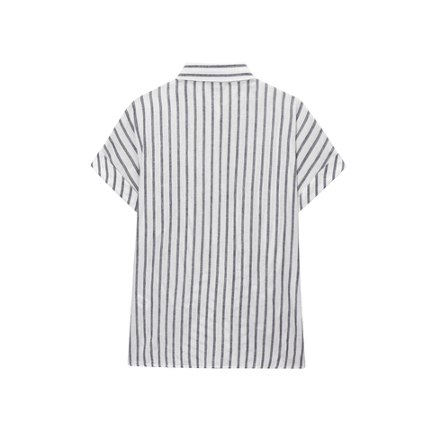 Women Casual Striped Short Sleeve Shirt With Tie Knot Hem Lapel Button Down Cotton Linen Blend Blouse Summer Streetwear Top