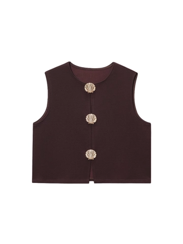 Elegant Women Xiaoxiang Style Sleeveless Slim Fit Vest Round Neck Gold Shell Button Short Waistcoat Solid Color Summer Top