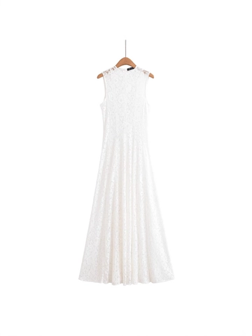 Women Elegant Sleeveless Lace Maxi Dress Round Neck Slim Fit A-Line Flowy Party Wedding Evening Long White Summer Dress
