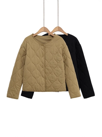 Damen Casual Wellenförmig Gesteppte Jacke Leichte Wattierte Mantel Rundhals Einfarbig Langarm Outdoor Outerwear Für Herbst