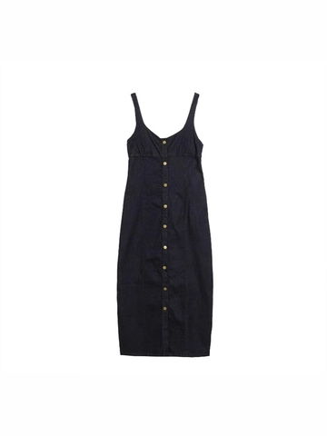 Dames Vintage Denim Cami Jurk V-Hals Single Breasted Slanke Pasvorm Midi Lengte Verstelbare Bandjes Geplooid Detail Casual Streetwear