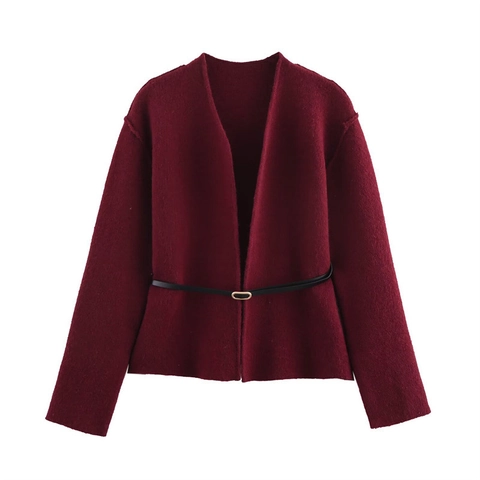 Women Casual Solid Wine Red Knitted Cardigan Sweater Jacket With Black Belt Elegant Long Sleeve Loose Outerwear