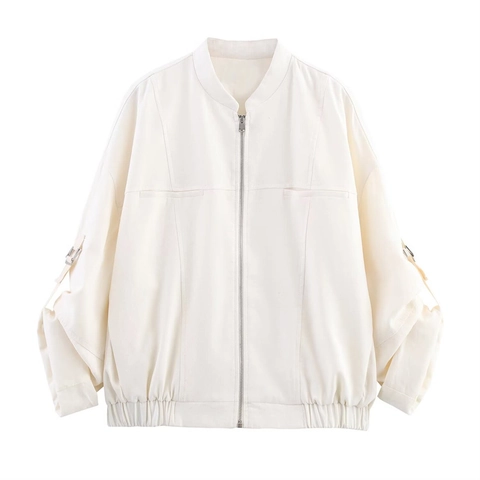 Damen Casual Locker Langarm Baumwolle Leinen Jacke Off-White Reißverschluss Baseball Kragen Streetwear Oberbekleidung Für Frühling
