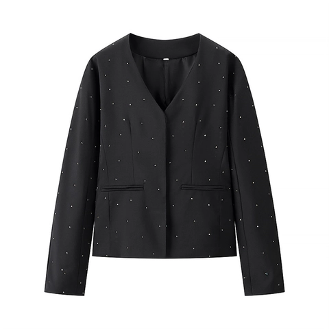 Damen Elegant Strass V Ausschnitt Blazer Jacke Lässig Langarm Schwarz Besetzte Offene Vorderseite Oberbekleidung Für Büro Party