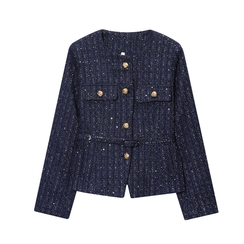 Damen Vintage Marineblau Tweed Jacke Mit Gürtel Goldene Metallknöpfe Rundhals Elegant Langarm Pailletten Oberbekleidung