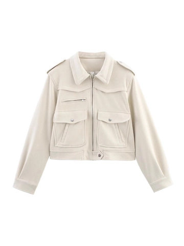 Damen Mode Wildlederjacke Streetwear Lässig Revers Reißverschluss Oberbekleidung Mit Cargo Taschen Und Epauletten Beige