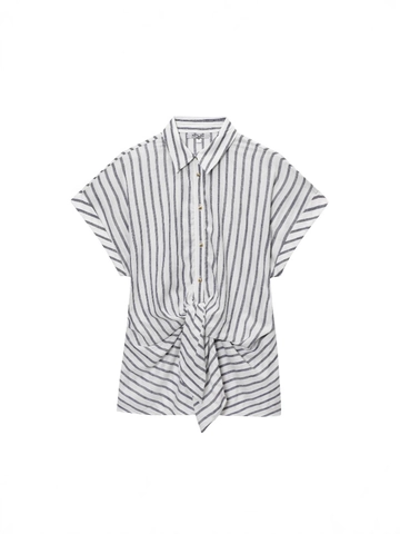 Casual Damen Slub Leinen Gestreiftes Kurzarmhemd Revers Knopfleiste Knotensaum Bluse Top Atmungsaktiver Urlaubsstil
