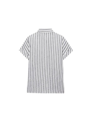 Casual Damen Slub Leinen Gestreiftes Kurzarmhemd Revers Knopfleiste Knotensaum Bluse Top Atmungsaktiver Urlaubsstil
