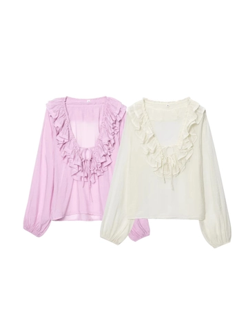 Blusa Elegante de Manga Larga con Volantes y Cuello en V para Mujer Top Casual de Color Sólido con Mangas Abullonadas
