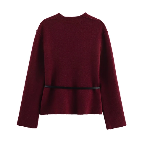 Women Casual Solid Wine Red Knitted Cardigan Sweater Jacket With Black Belt Elegant Long Sleeve Loose Outerwear