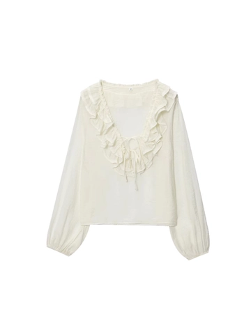 Blusa Elegante de Manga Larga con Volantes y Cuello en V para Mujer Top Casual de Color Sólido con Mangas Abullonadas