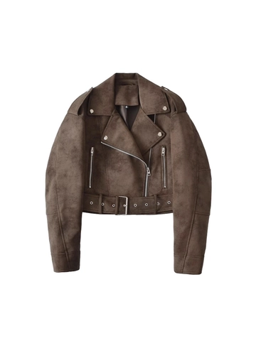 Dames Casual Imitatiesuède Moto Jas Cropped Korte Jas Met Riem Rits Reverskraag Herfst Streetwear