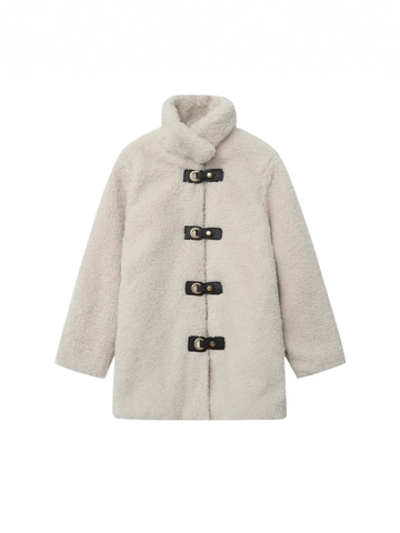 Damen Street Fashion Lammfell-Imitat Mantel Stehkragen Locker Mittellang Fleece Jacke Mit Lederschnalle Für Herbst Winter
