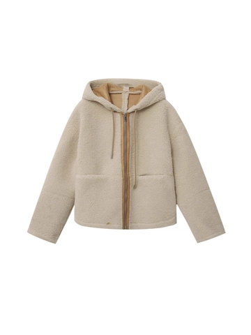 Giacca Casual Donna in Finta Lana di Agnello con Cappuccio Invernale Calda Felpa con Zip Capospalla Crema Beige Con Tasche
