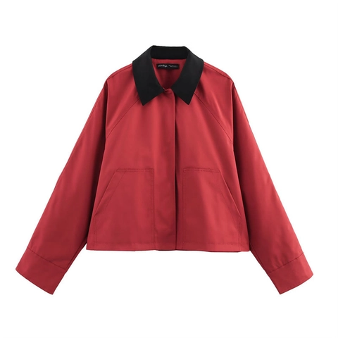 Women Fashion Contrast Black Lapel Red Jacket Spring Long Sleeve Single Breasted Casual Jacket Outerwear With Pockets