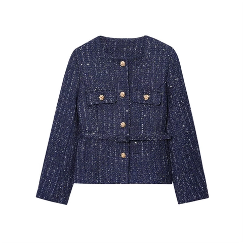 Damen Elegant Tweed Jacke Mit Goldenen Knöpfen Und Gürtel Rundhals Pailletten Oberbekleidung Vintage Luxuriös Langarm Mantel