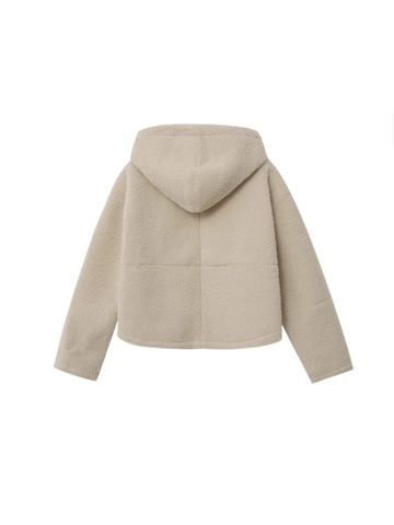 Giacca Casual Donna in Finta Lana di Agnello con Cappuccio Invernale Calda Felpa con Zip Capospalla Crema Beige Con Tasche